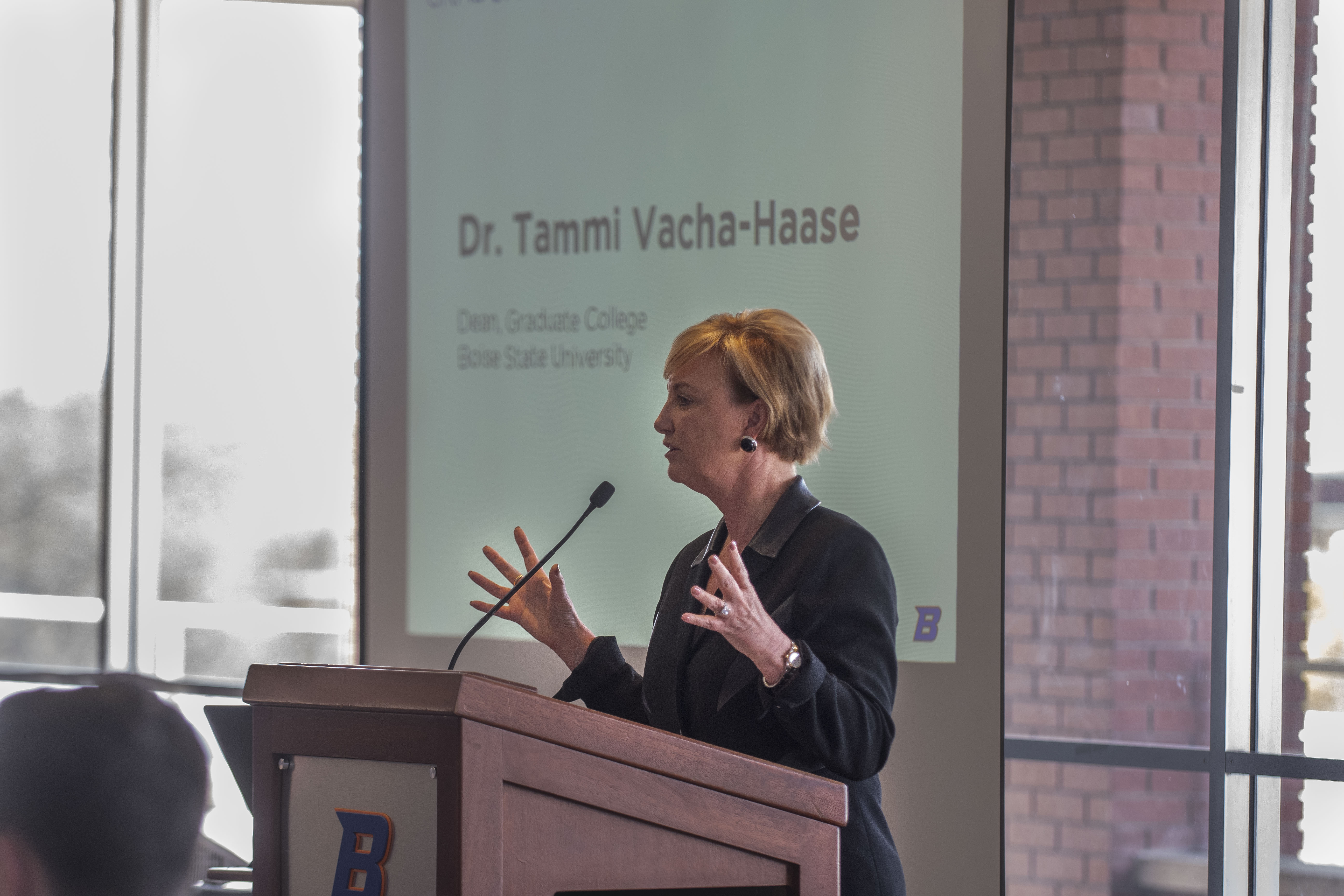 Tammi Vacha-Haase, dean of the Graduate College speaking at the Graduate Awards Ceremony.
