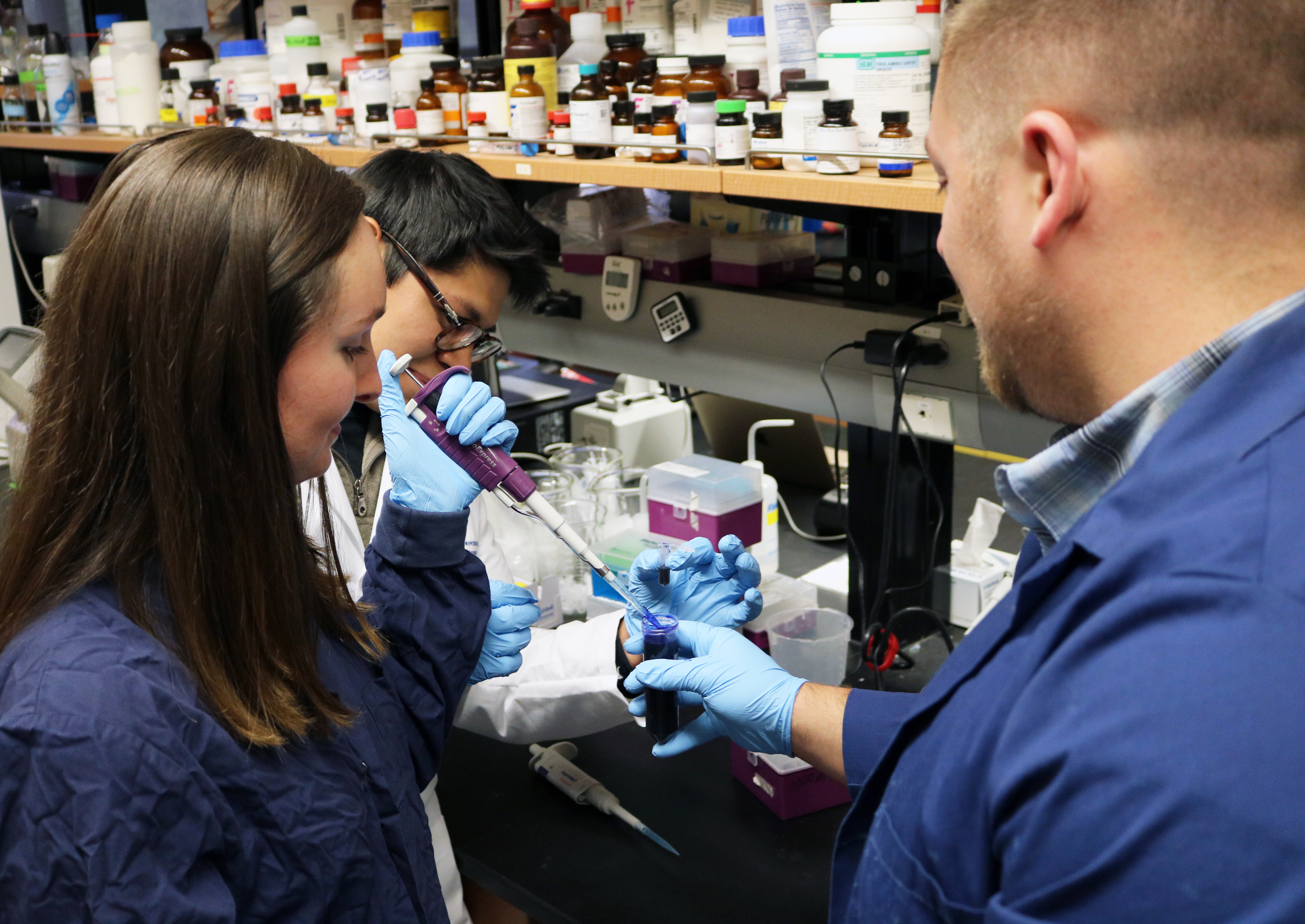 Victoria Davidson working in the lab with another student researcher and Ralph Jones fellowship recipient.