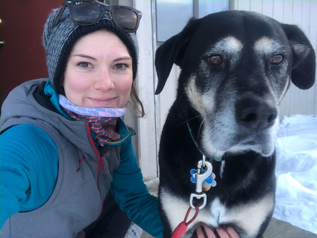 Kim Dahm and her dog in Alaska