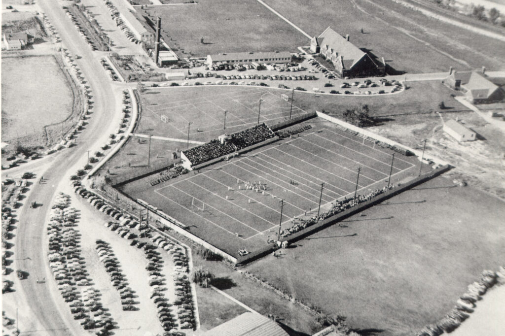 The first football field of Boise Junior College, 1940's. Shown from an aerial perspective.
