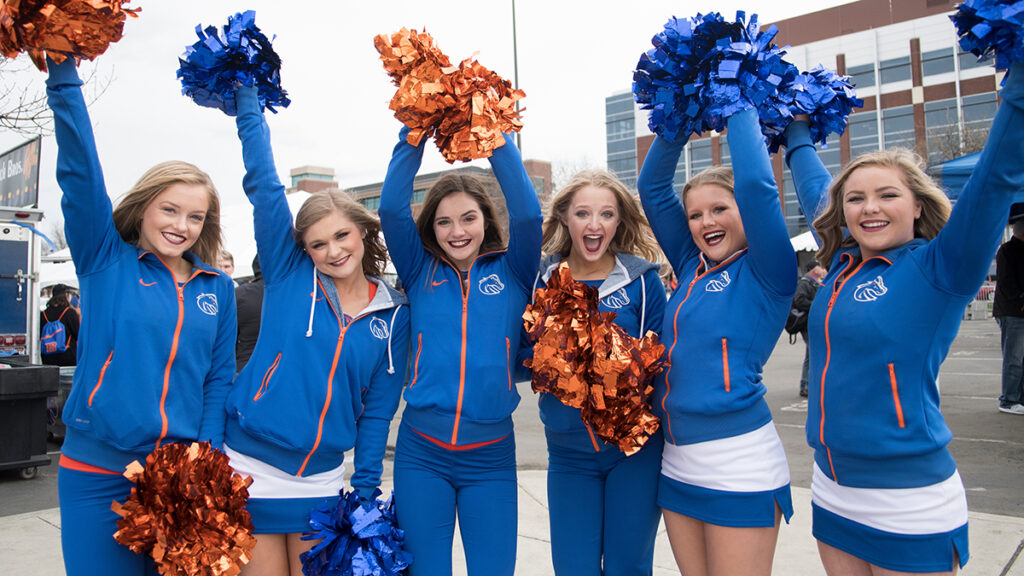 The Boise State Spirit Squad cheers at Bronco Day