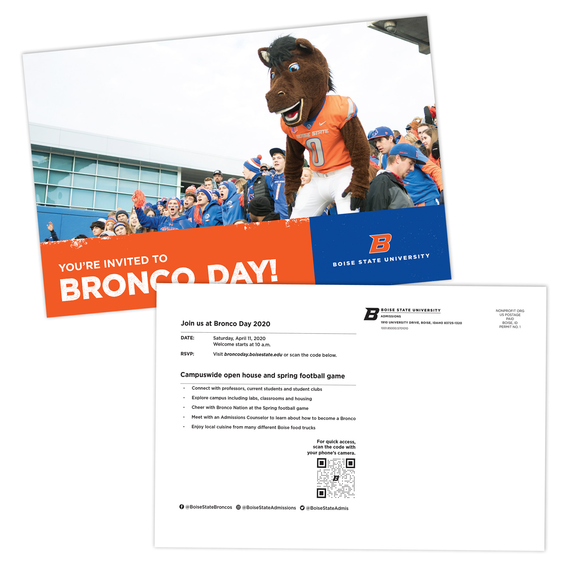 Bronco Day postcard front and back showing an example of a QR code.