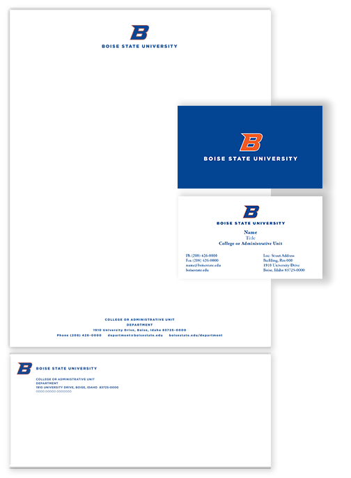 Image shows examples of our university letterhead, envelope and business card designs.
