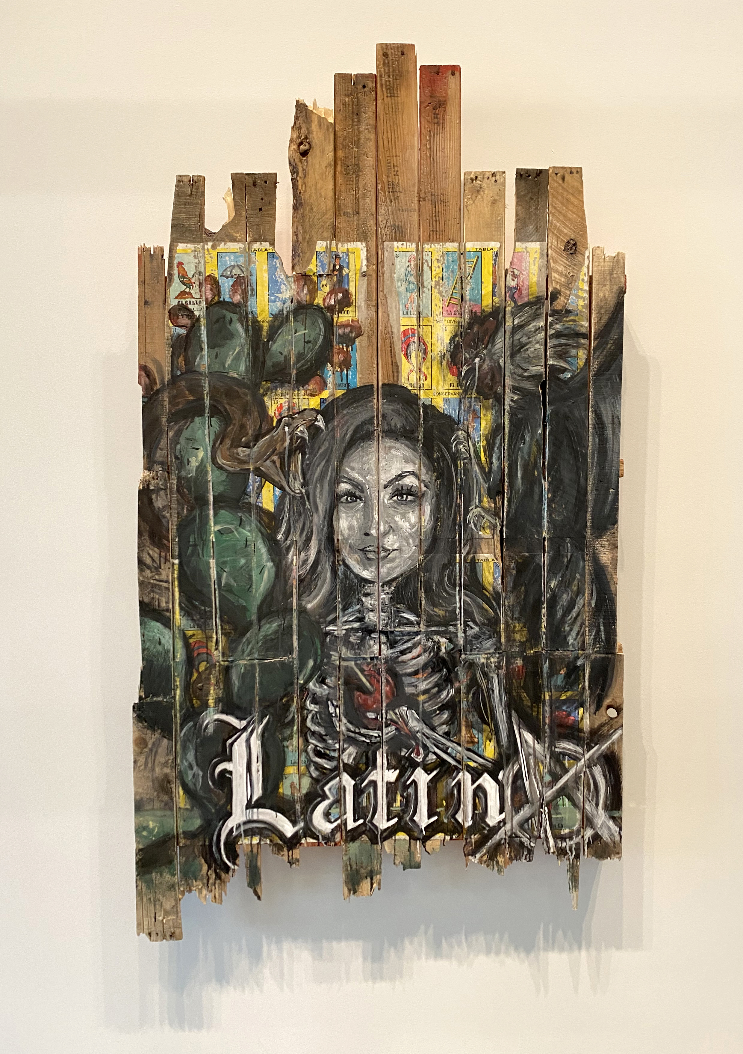 Latinx-themed acrylic painting on wood panels.