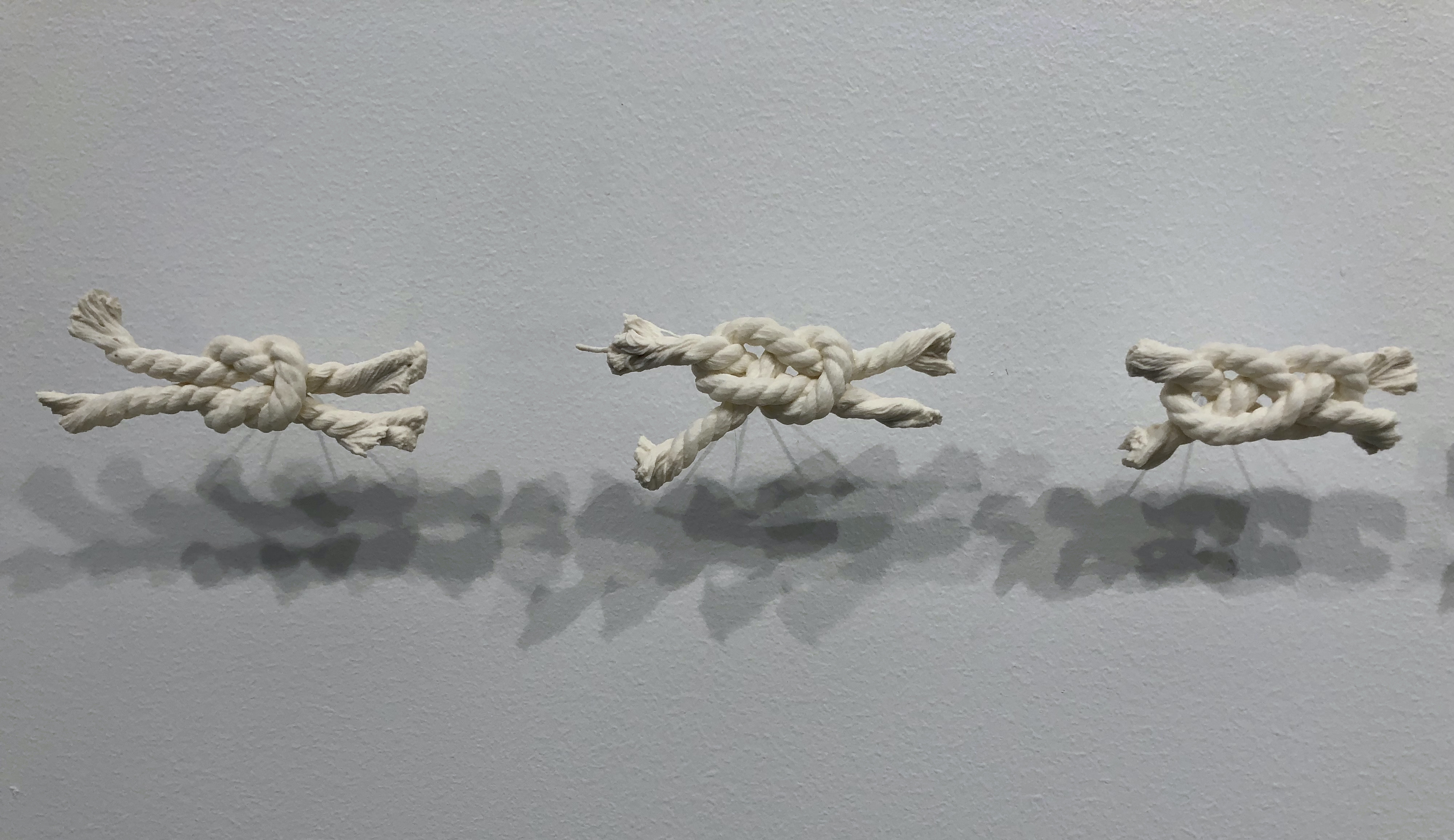 Art installation Embellished showing three rope knots mounted on a wall.
