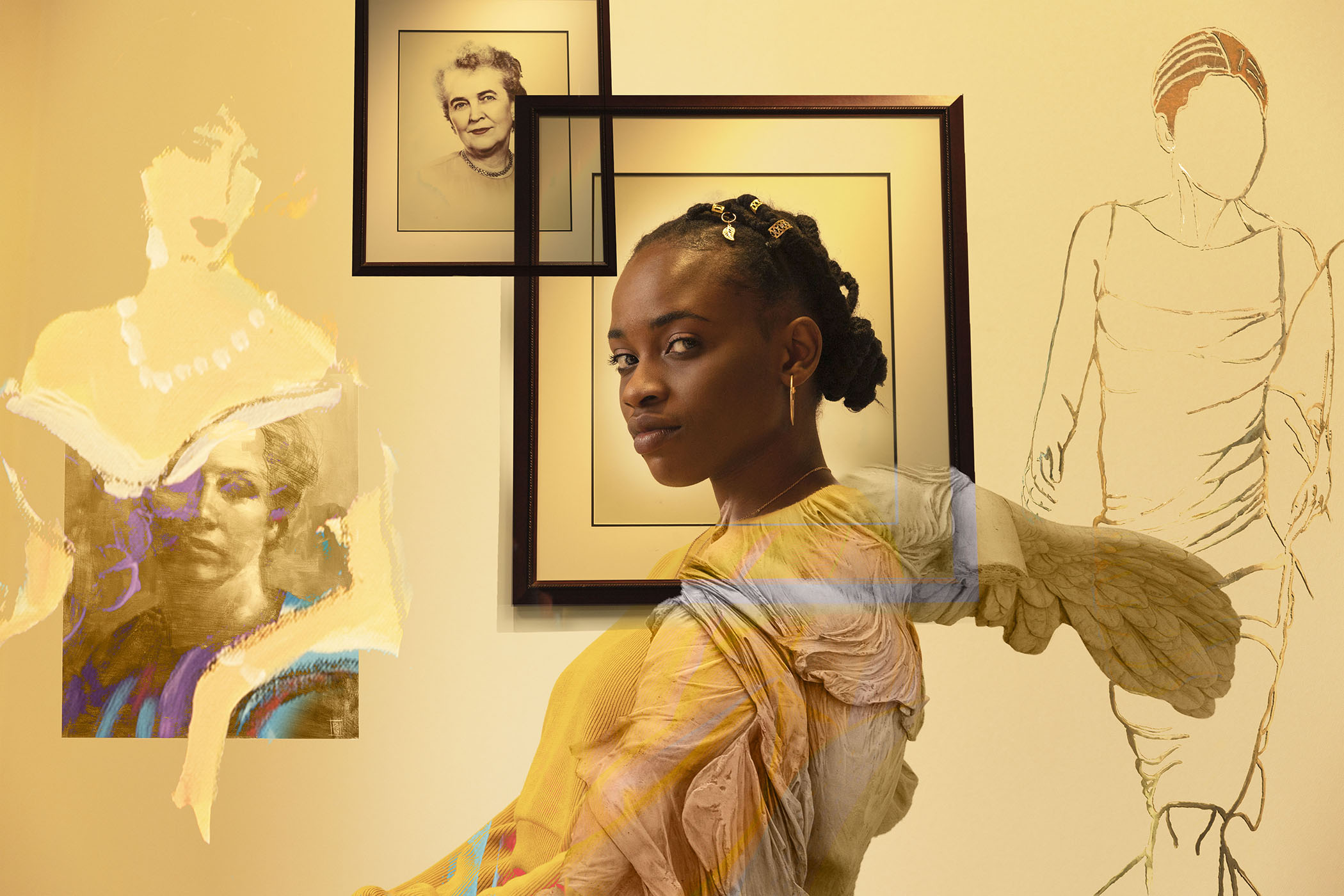 Photo collage art work Black Pride showing a gold background with African American female within a frame and between drawings and a photo of other females.