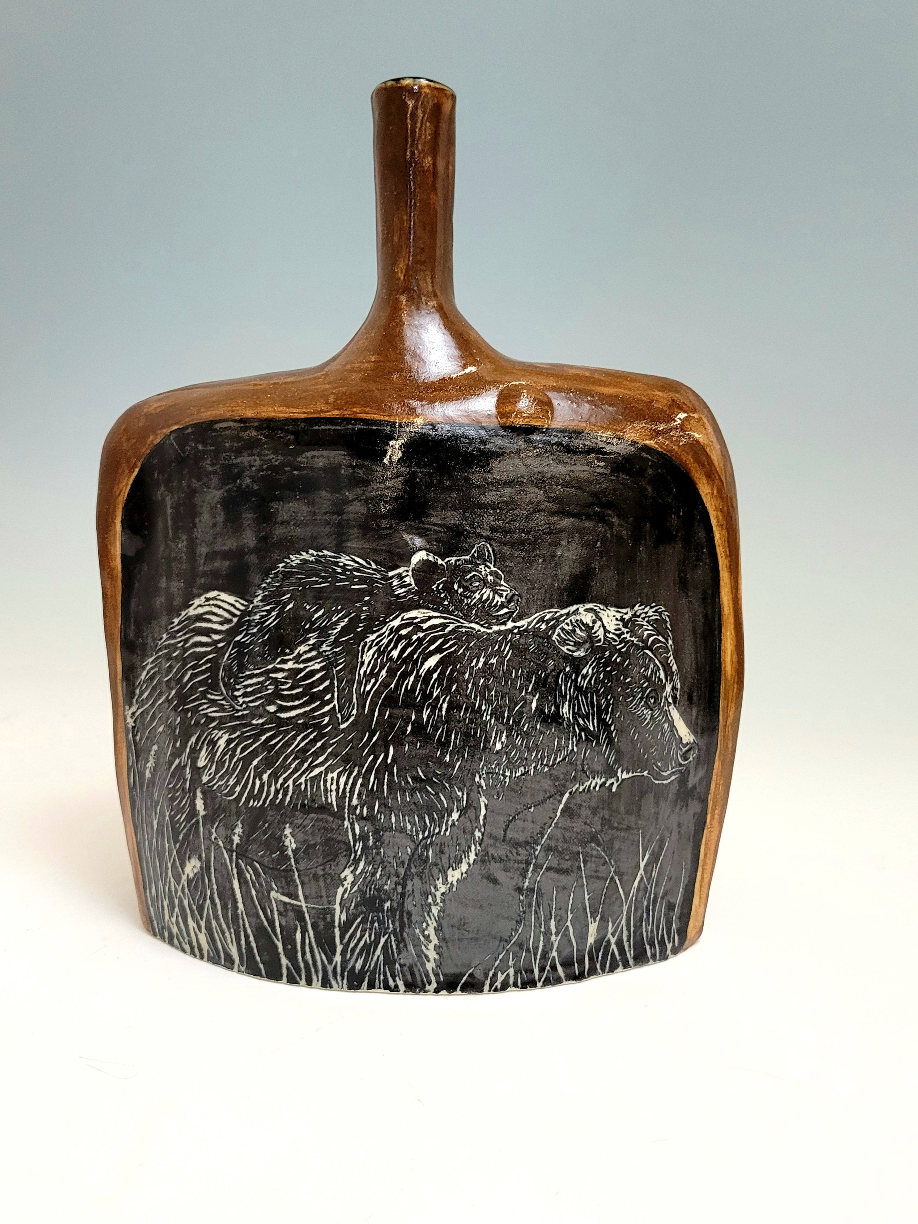 Image of the Black Bear ceramic vase sculpture front.