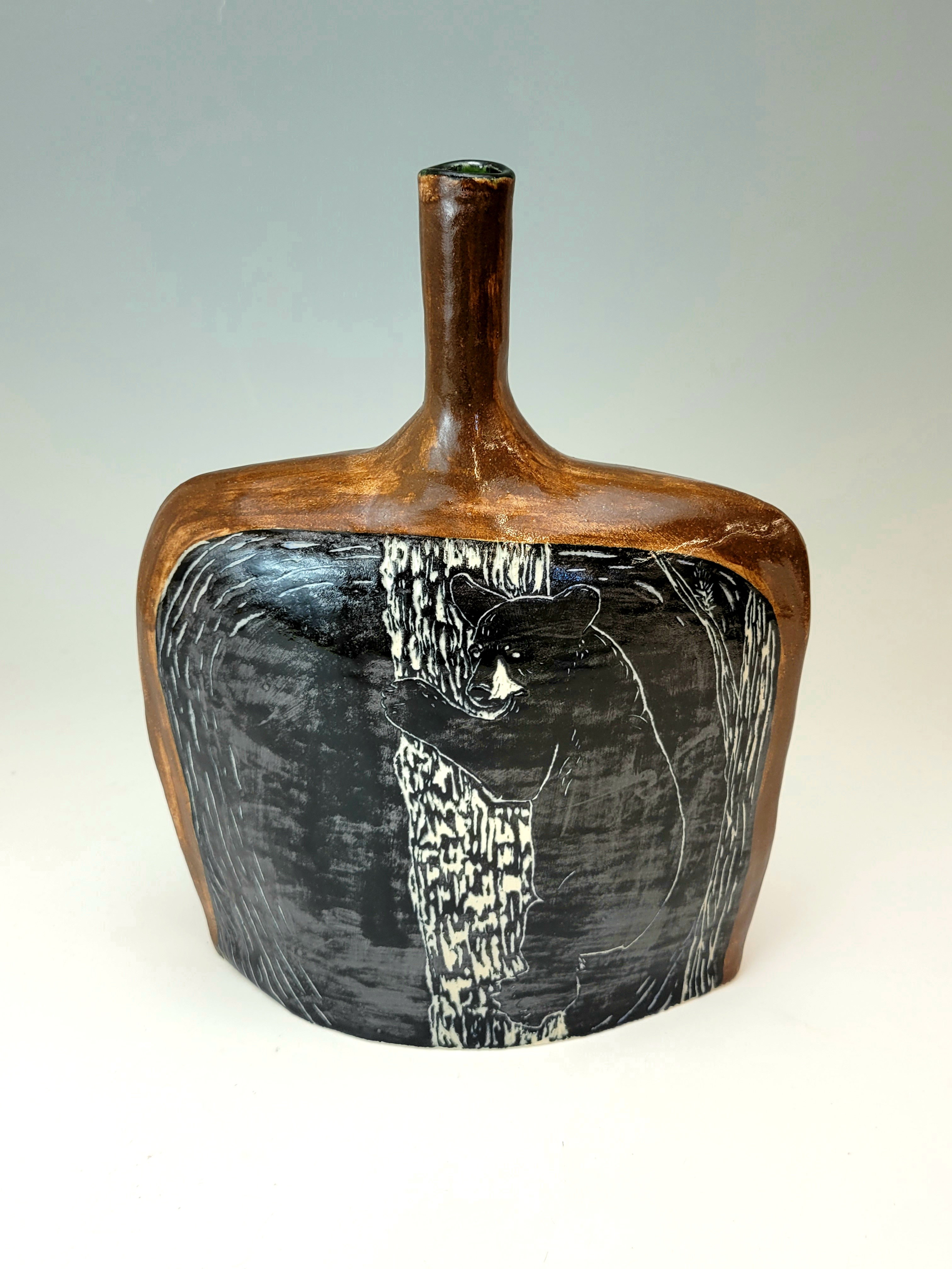 Image of the Black Bear ceramic vase sculpture back.