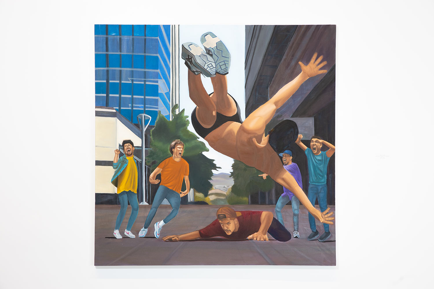 Oil painting of cheering crowd and breakdancer in mid-flight.