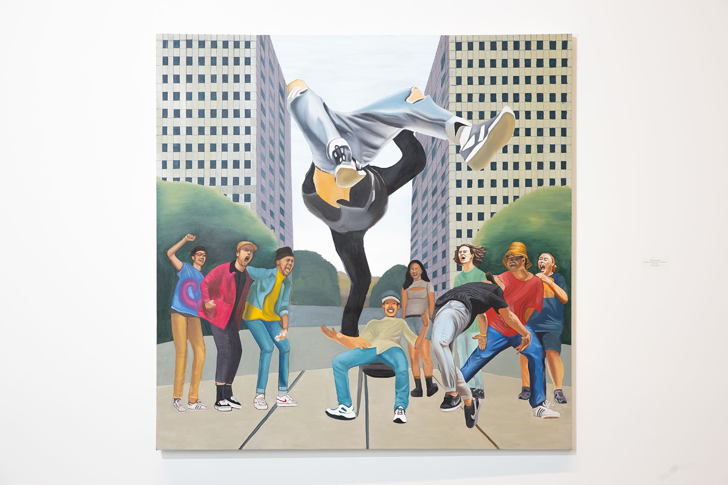 Oil painting of cheering crowd and breakdancer in mid-flight.