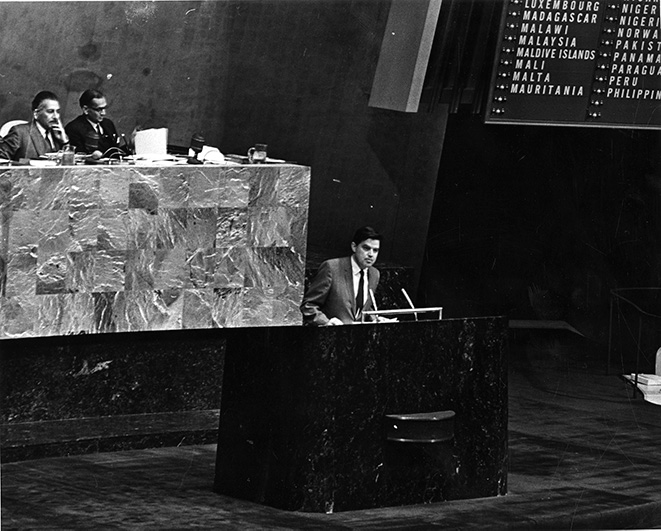 Idaho Senator Frank Church addresses the U.N General Assembly