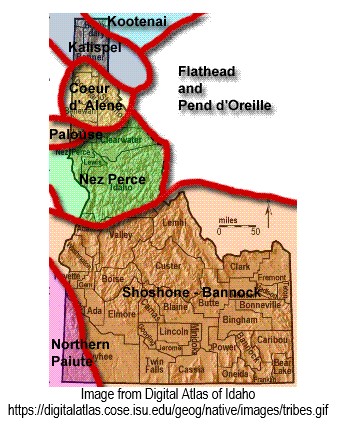 Map of Idaho showing names and locations of indigenous tribes. Decorative