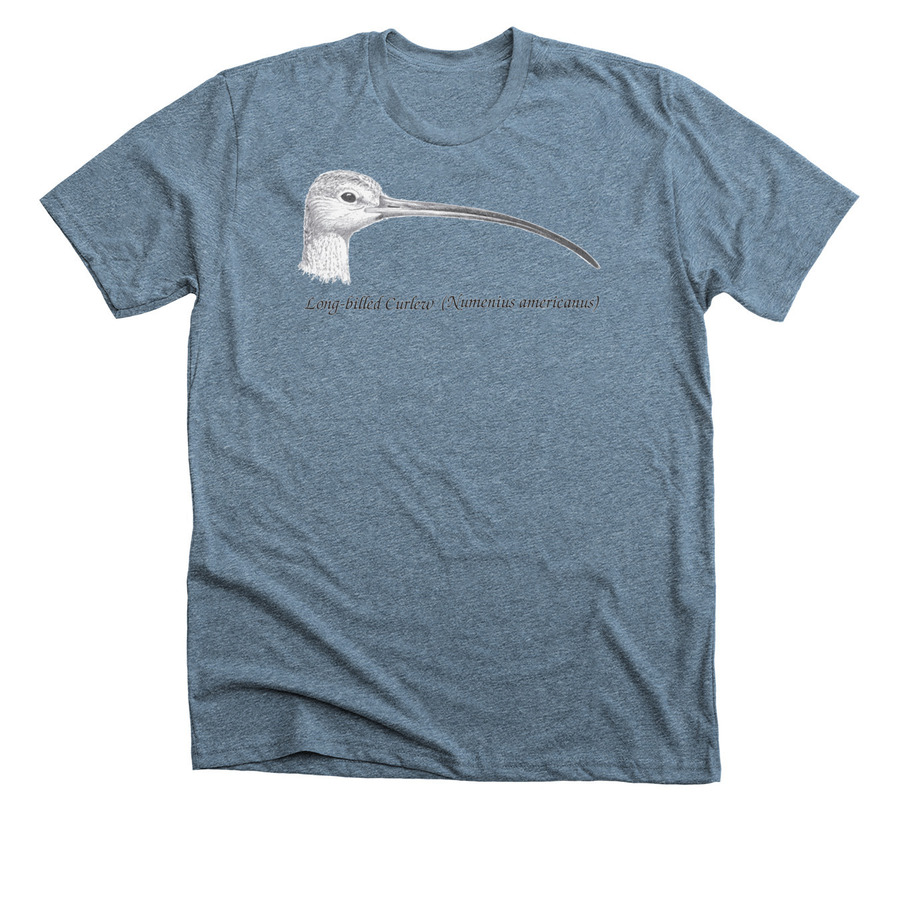 a blue t-shirt with a drawing of a long-billed curlew head