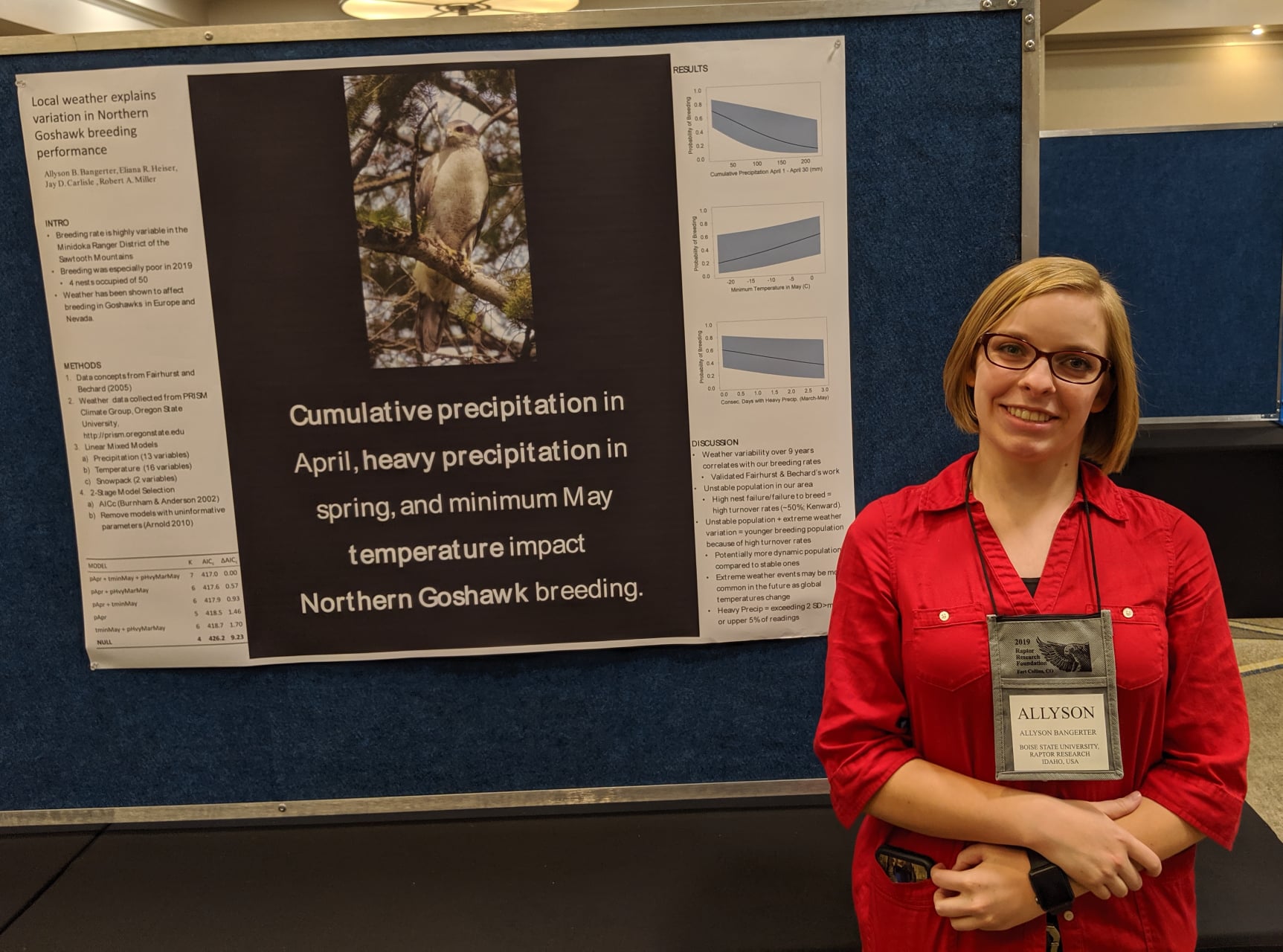 a student stands next to her poster which reads "Cumulative precipitation in April, heavy precipitation in spring, and minimum May temperature impact Northern Goshawk breeding"