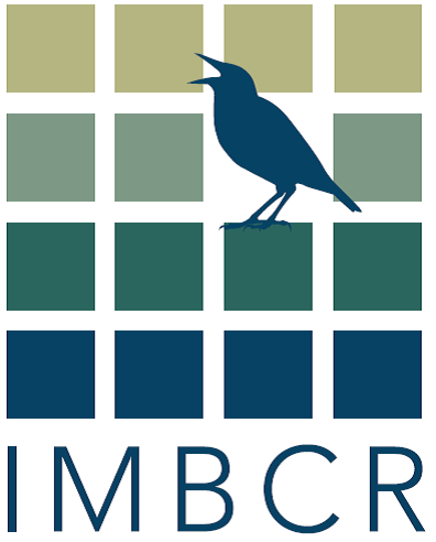 a logo for the IMBCR project displays a grid of squares with a singing silhouette of a bird and the letters IMBCR