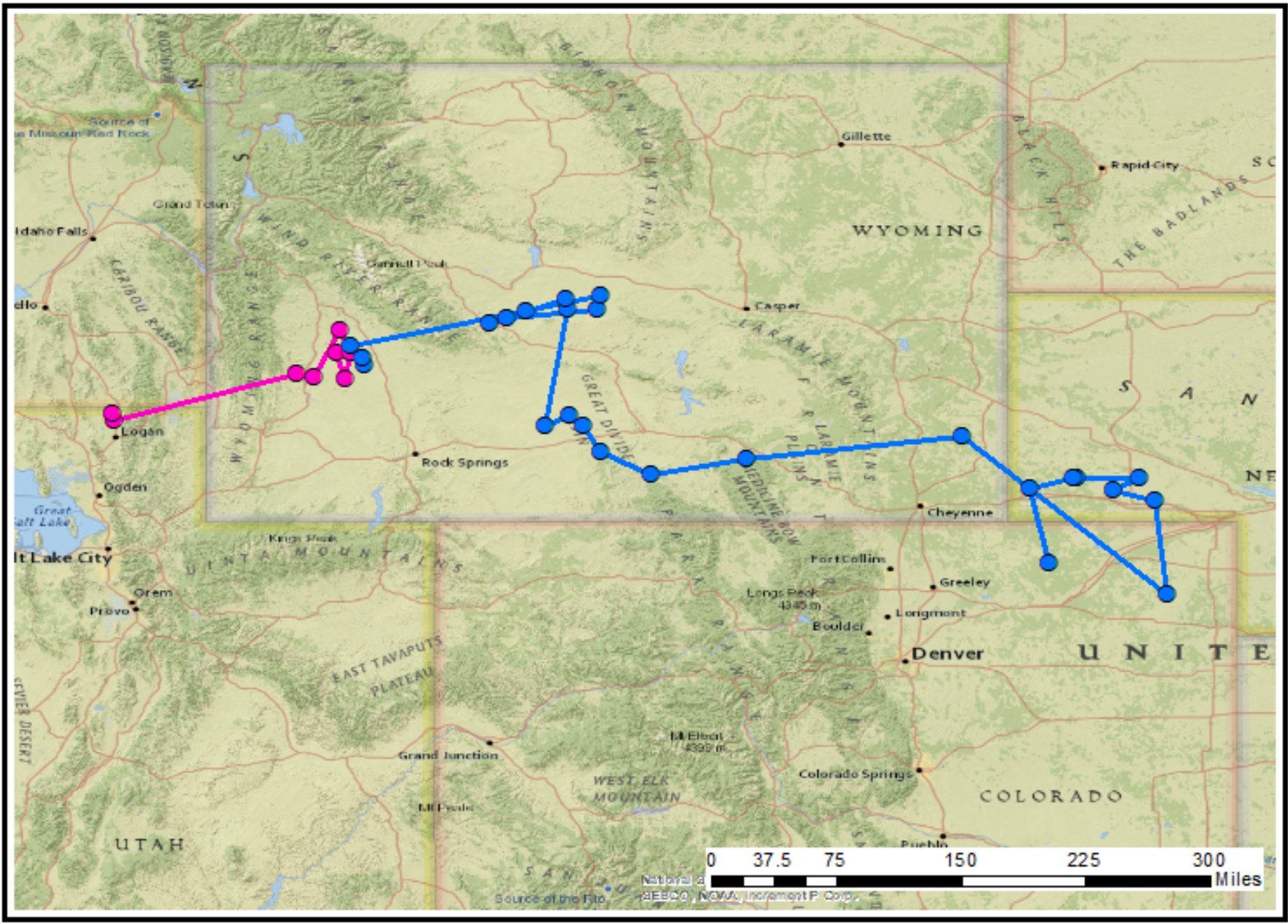 a map shows a zig-zag of lines. A pink track ends near Logan, Utah and begins in western Wyoming. A second blue track begins in western Wyoming and wanders across to Nebraska before ending in northeastern Colorado