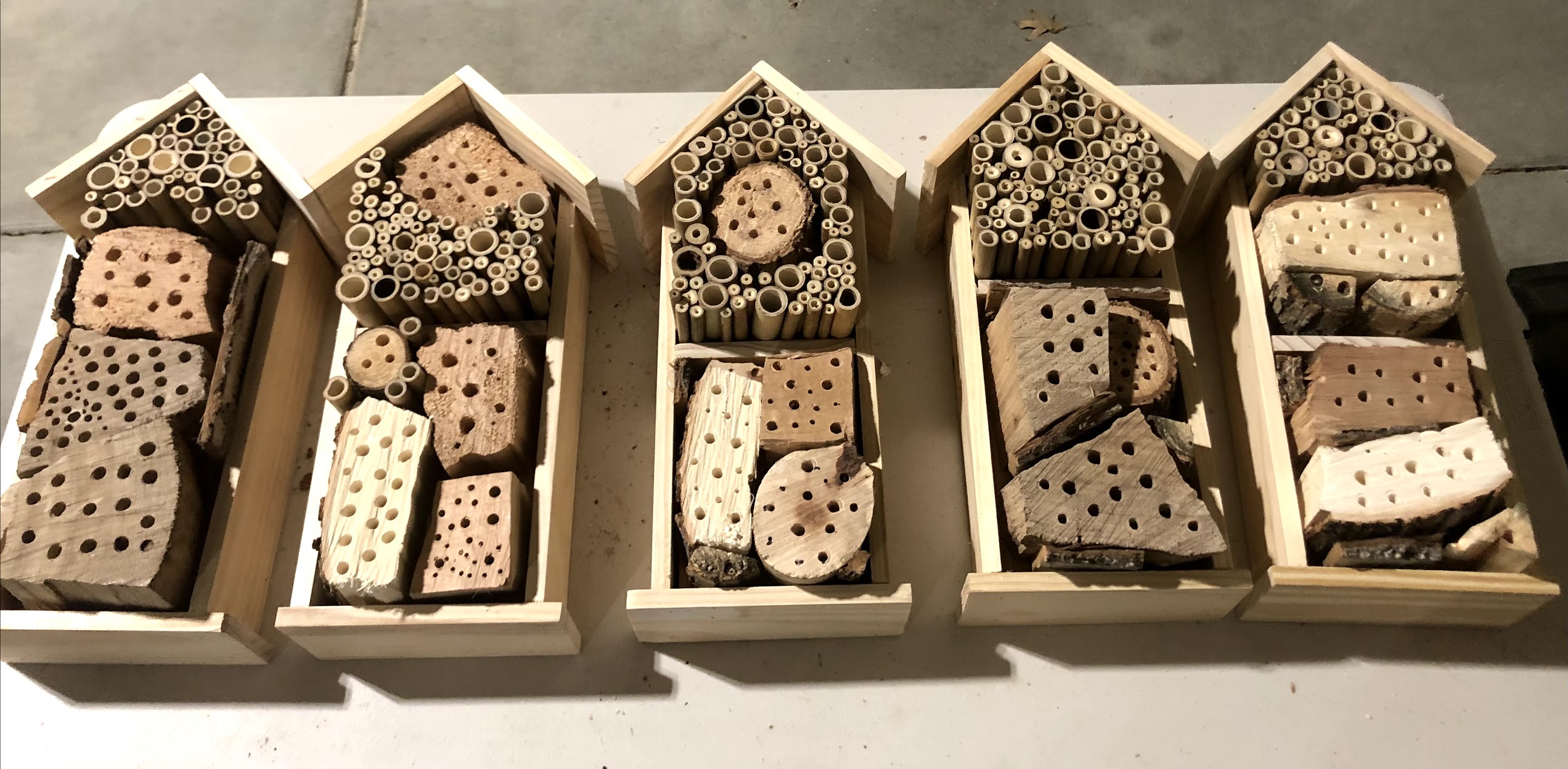 five house shaped bee hotels with various holes drilled into the front