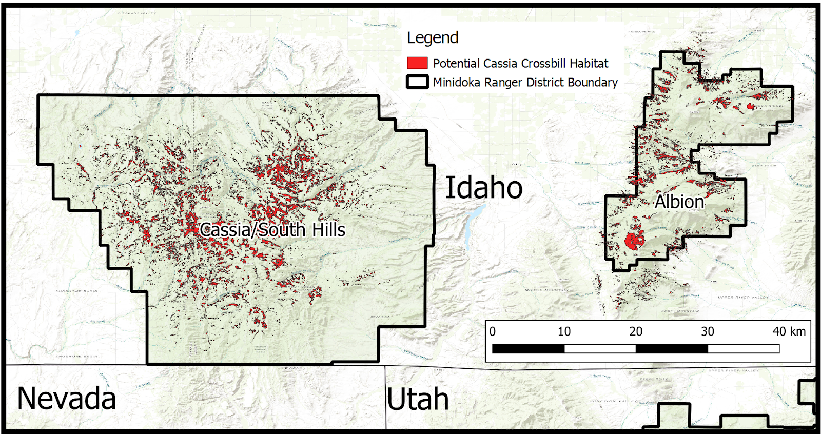 the map shows the south hills and albion mountains in southern Idaho (northern Nevada and Utah are visible at the bottom) Both mountain ranges show flecks of red indicating areas of potential crossbill habitat