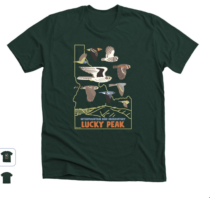 image shows a green t-shirt with the birds flying within the state shape of Idaho. The text reads Intermountain Bird Observatory Lucky Peak