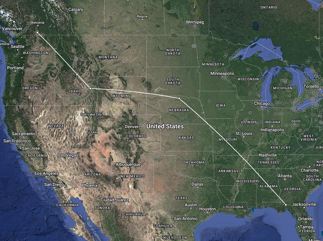 a satellite map showing most of the lower 48 shows a line stretching from near Vancouver, BC, to a point in southeastern Idaho, a point in northern Nebraska, and a point in the Florida panhandle