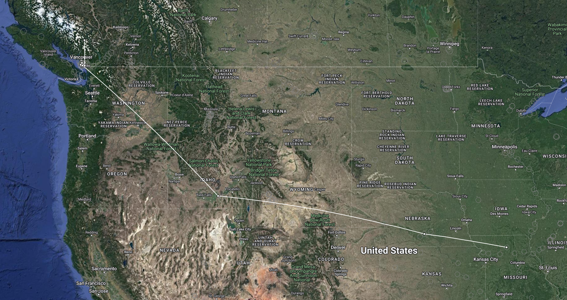 a satellite map showing most of the lower 48 shows a line stretching from near Vancouver, BC, to a point in southeastern Idaho, a point in central nebraska, and a point in northern Missouri