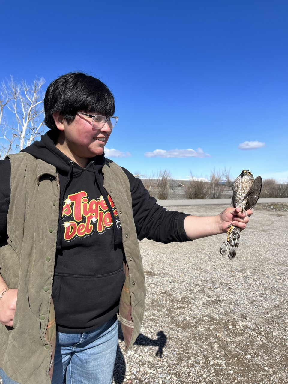 a smiling biologist holds a small hawk in their hand