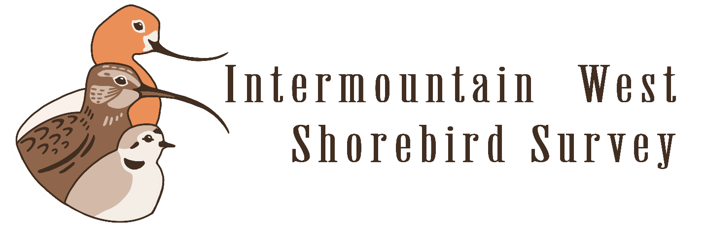 the logo for the Intermountain West Shorebird Survey. Art includes an American Avocet, Whimbrel, and Piping Plover