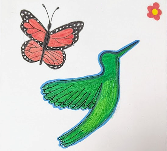 artwork by an elementary-aged student shows a monarch butterfly and a green hummingbird