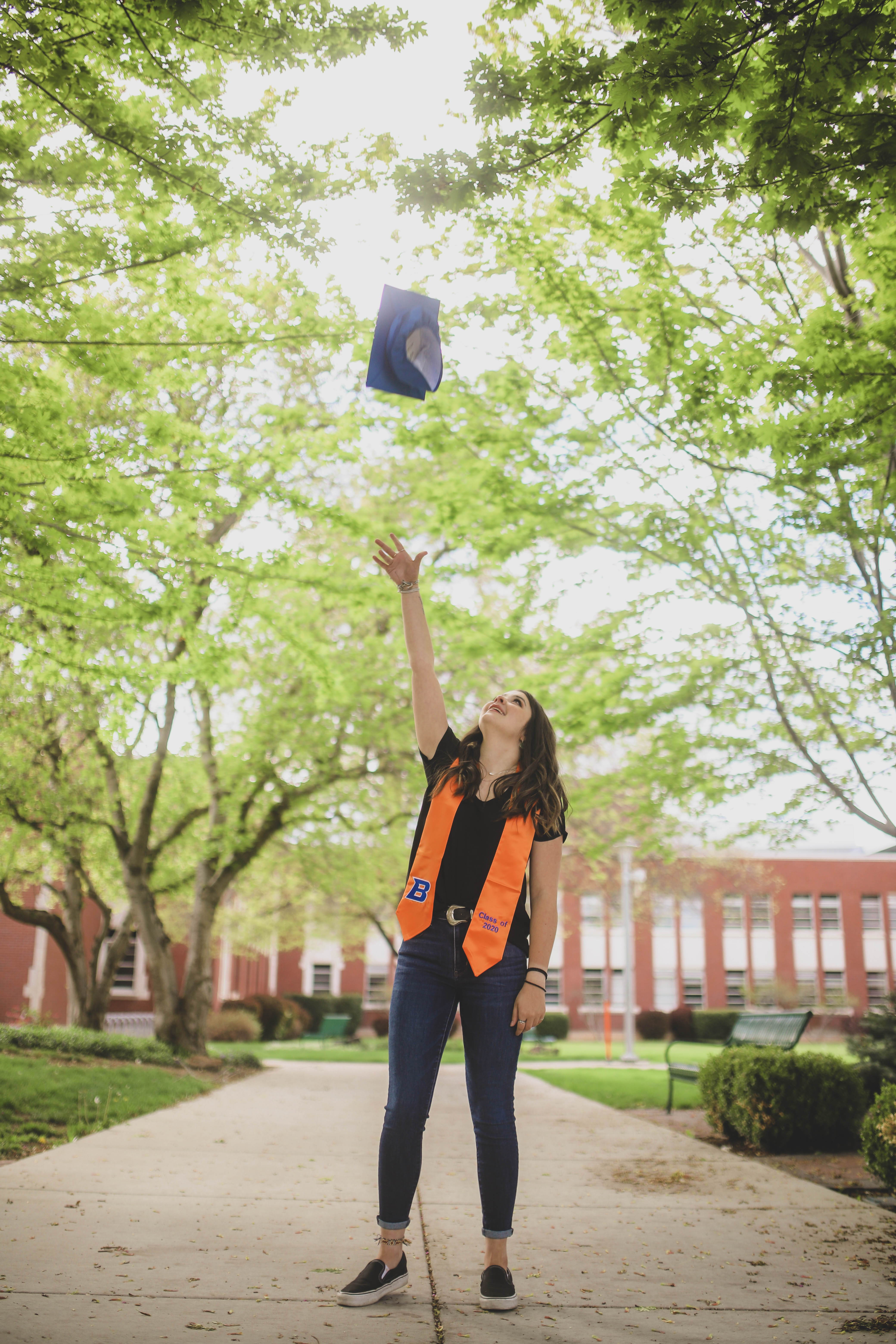 Casey Longstreth poses on campus for #OnlineBroncoGrad campaign.
