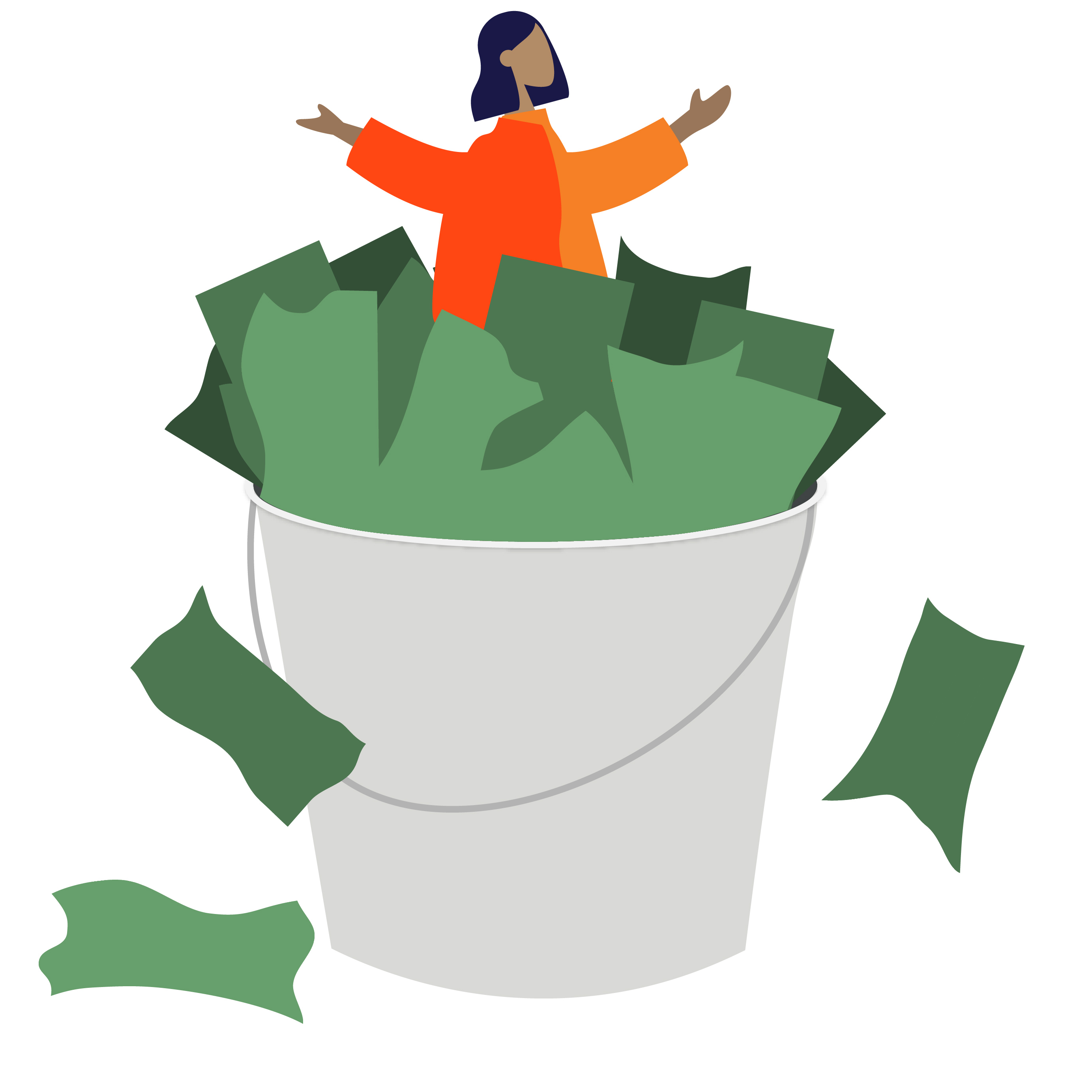 Student sits in a bucket full of dollar bills
