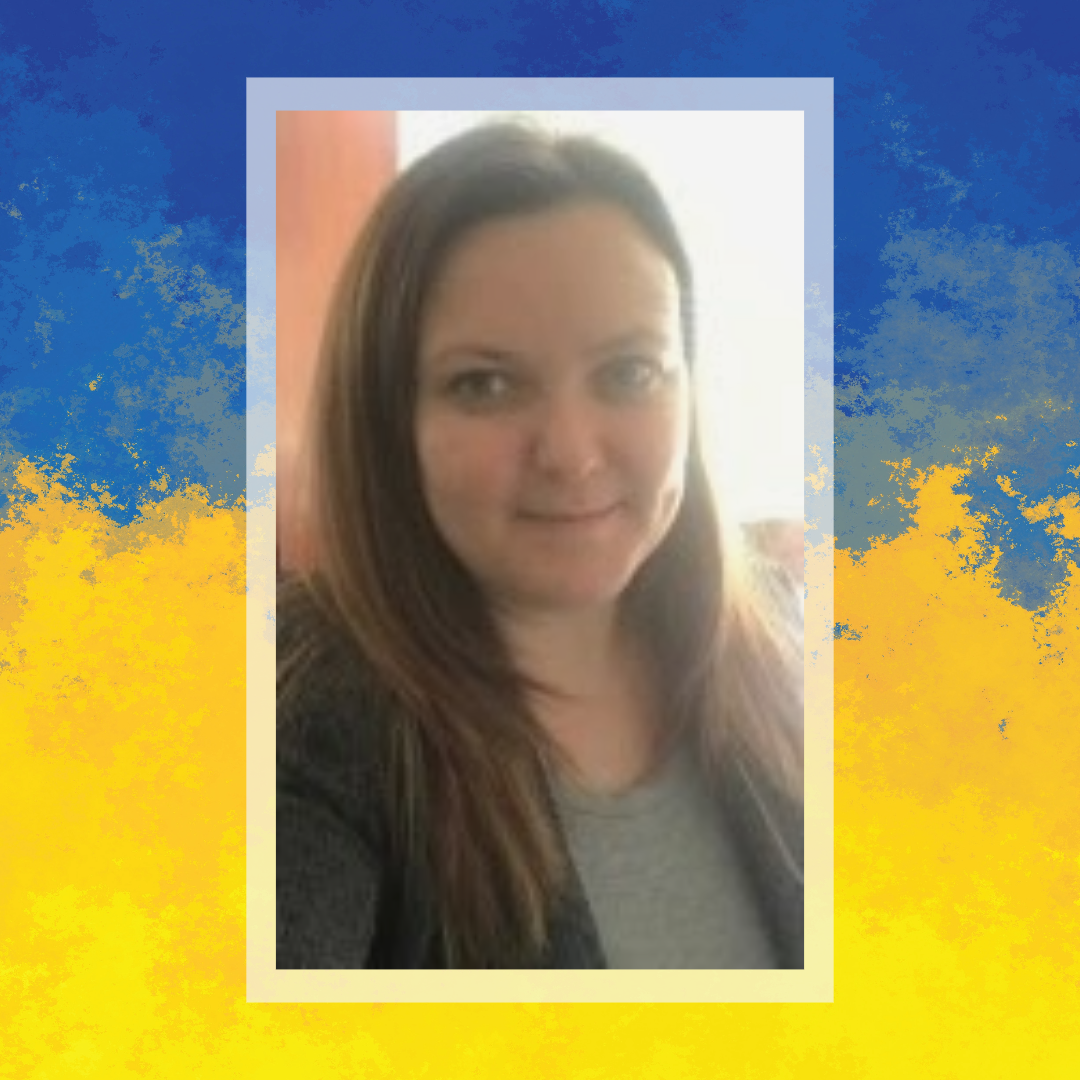 Photo of Olga Khudyakova with a yellow and blue background.