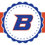 Blue and white seal with the Boise State "B" logo on an orange banner