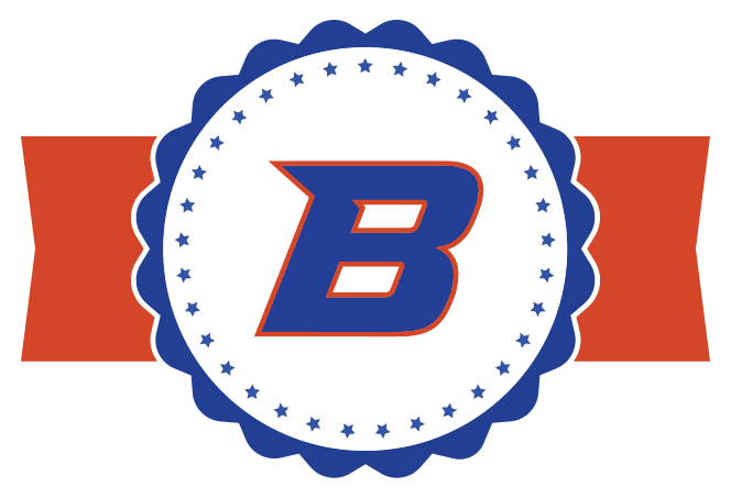 Blue and white seal with the Boise State "B" logo on an orange banner