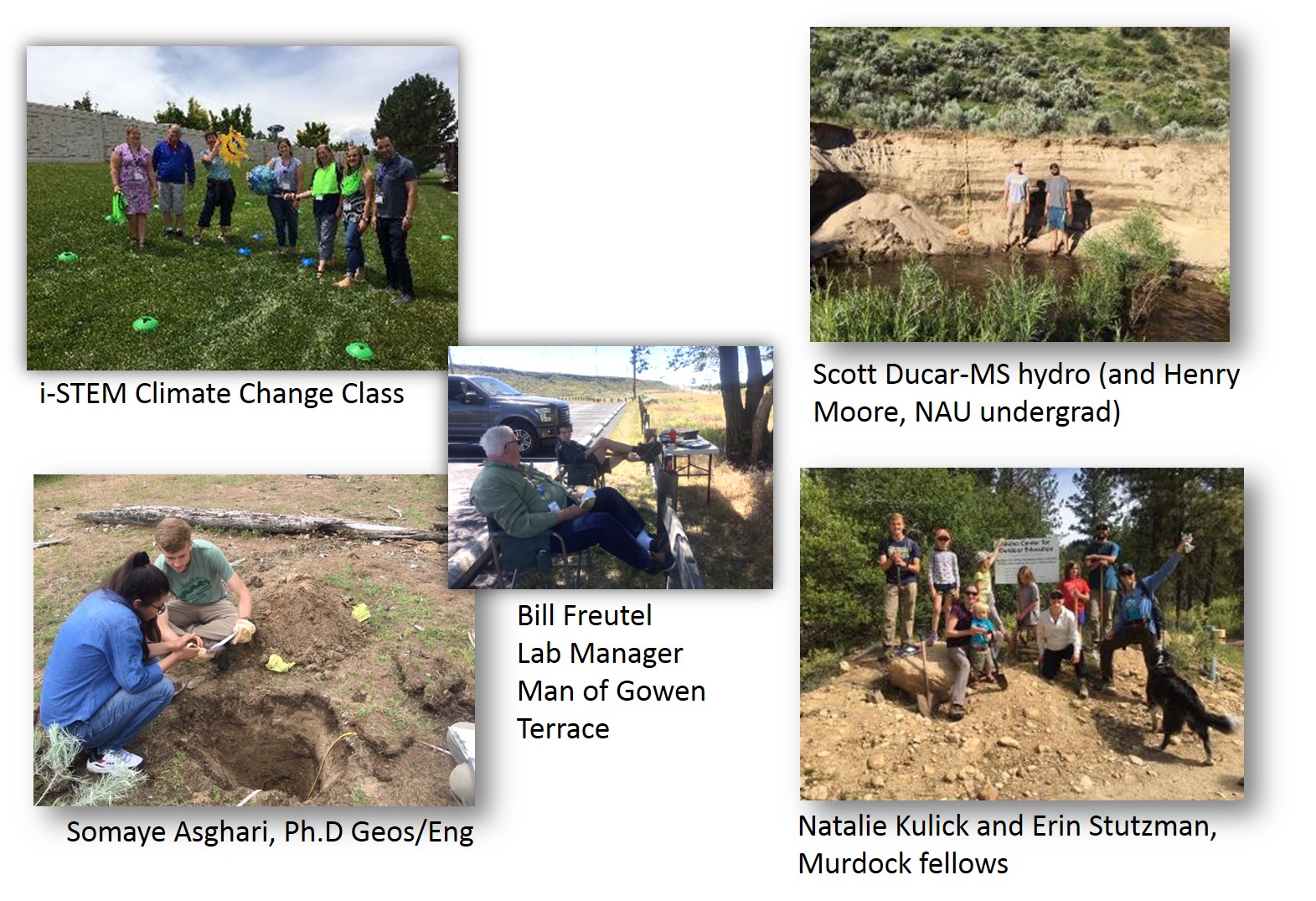 Photo Collage of Jen's Ongoing Research projects including i-STEM and other Geoscience Graduate students owrking in the Field