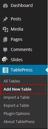 TablePress from Dashboard