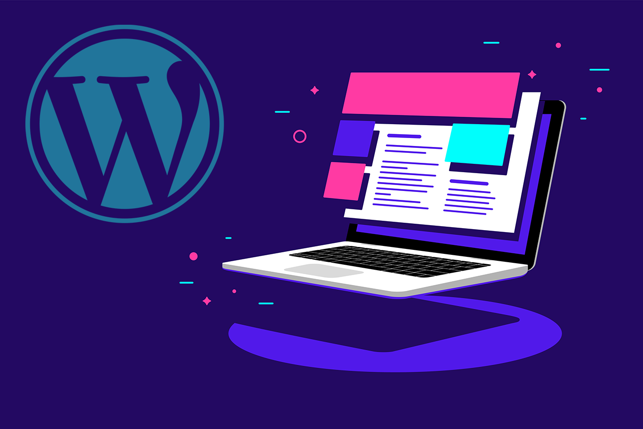 WordPress logo and laptop displaying stylized web page