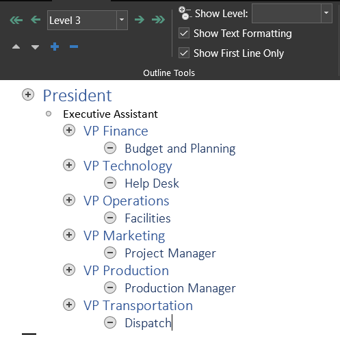 Screenshot of MS Word outline view