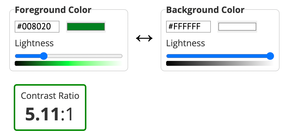 Screenshot of web aim contrast checker interface displaying contrast ratio between two colors