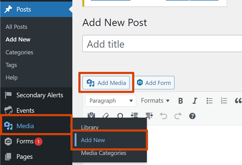 Screenshot of Add media options in WordPress