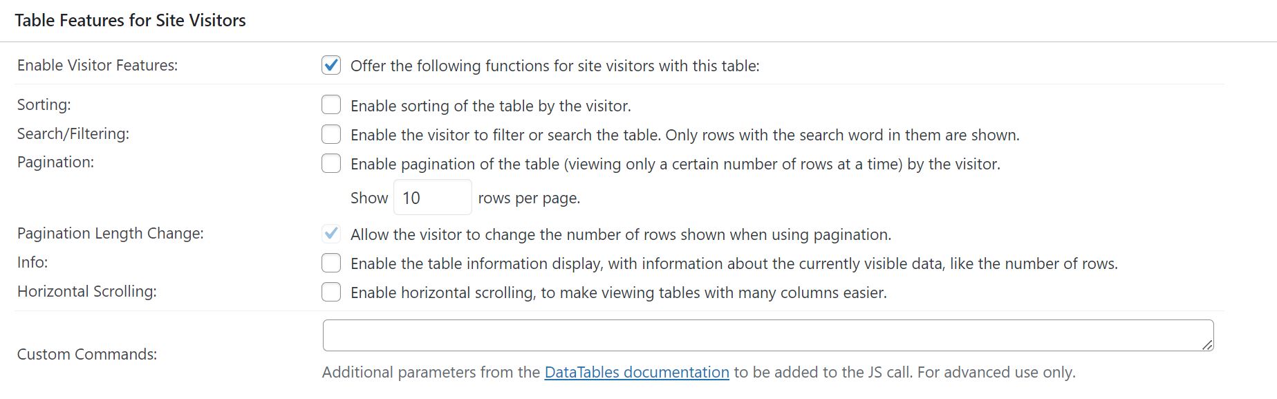 Table Features for Site Visitors menu, full description on page
