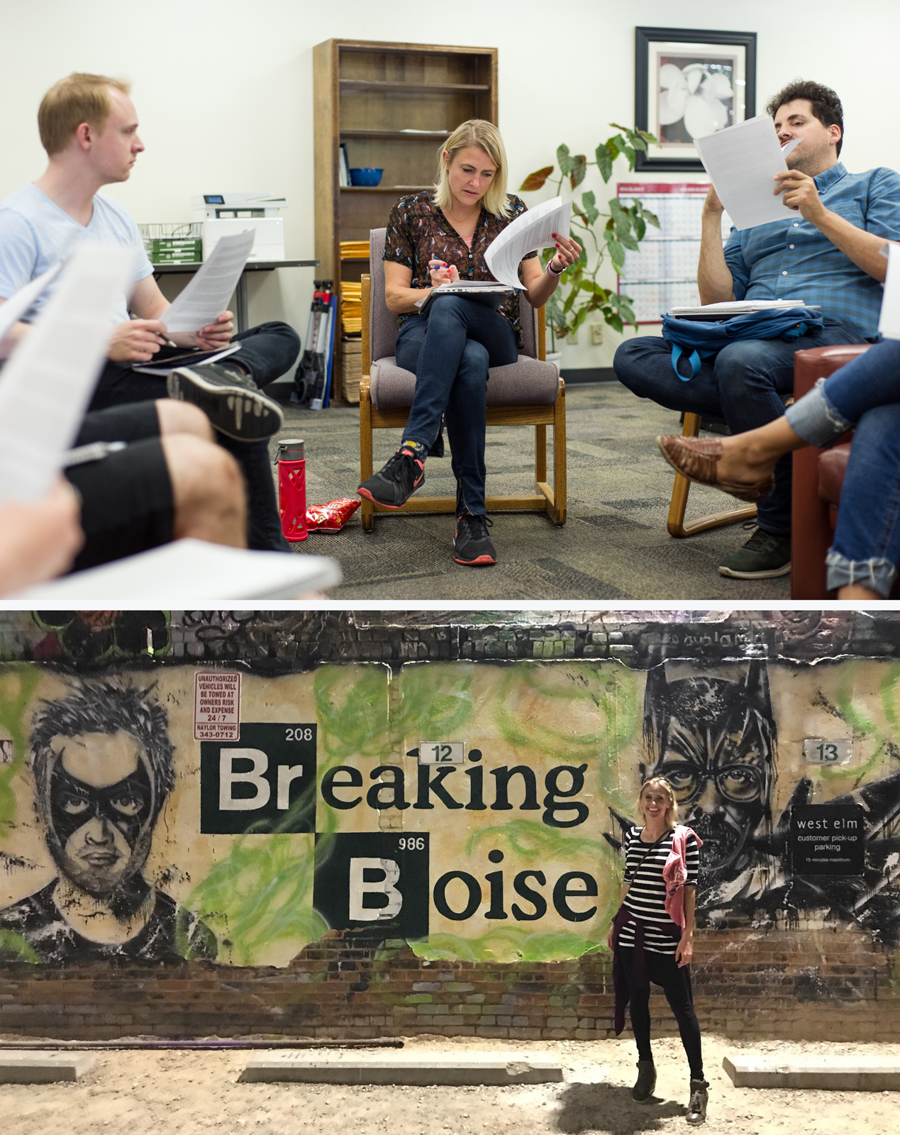 Two images. Top includes people in a writing workshop. Bottom includes Heather Marion in front of Breaking Boise mural
