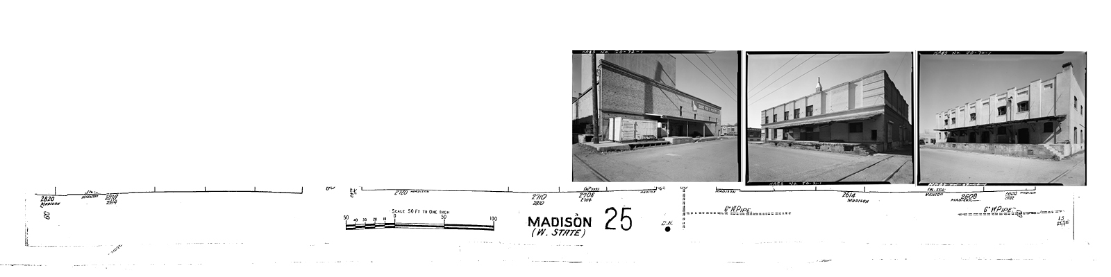 Historic map graphic on photograph of old broken concrete in the Boise River, along with 3 old photos of industrial buildings