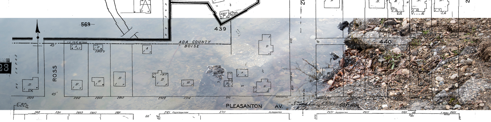 Historic map graphic on photograph of old broken concrete in the Boise River
