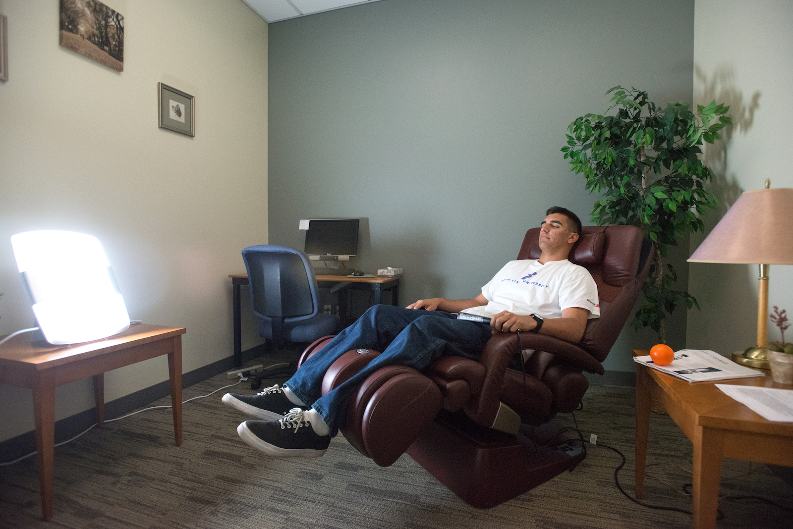 Patient relaxing in a recliner