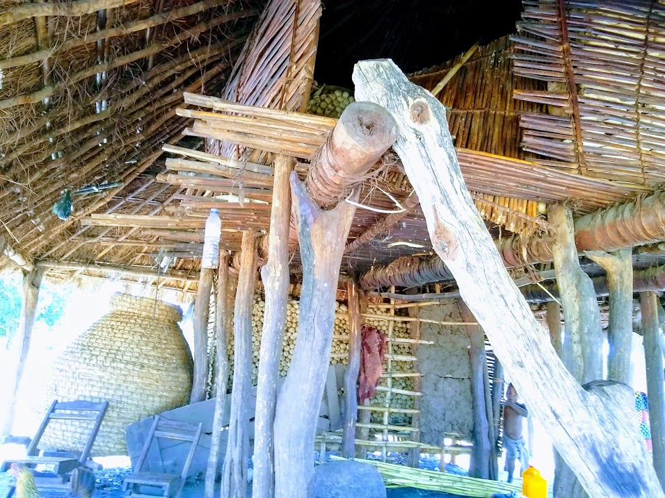 A picture of the structure that supports a house, it's made of sticks. There is what looks like mud and straw holding together other parts of the structure.