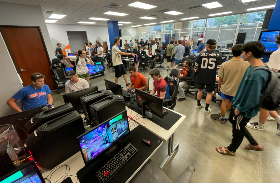 Players gather inside the Boise State Esports battleground for a community event