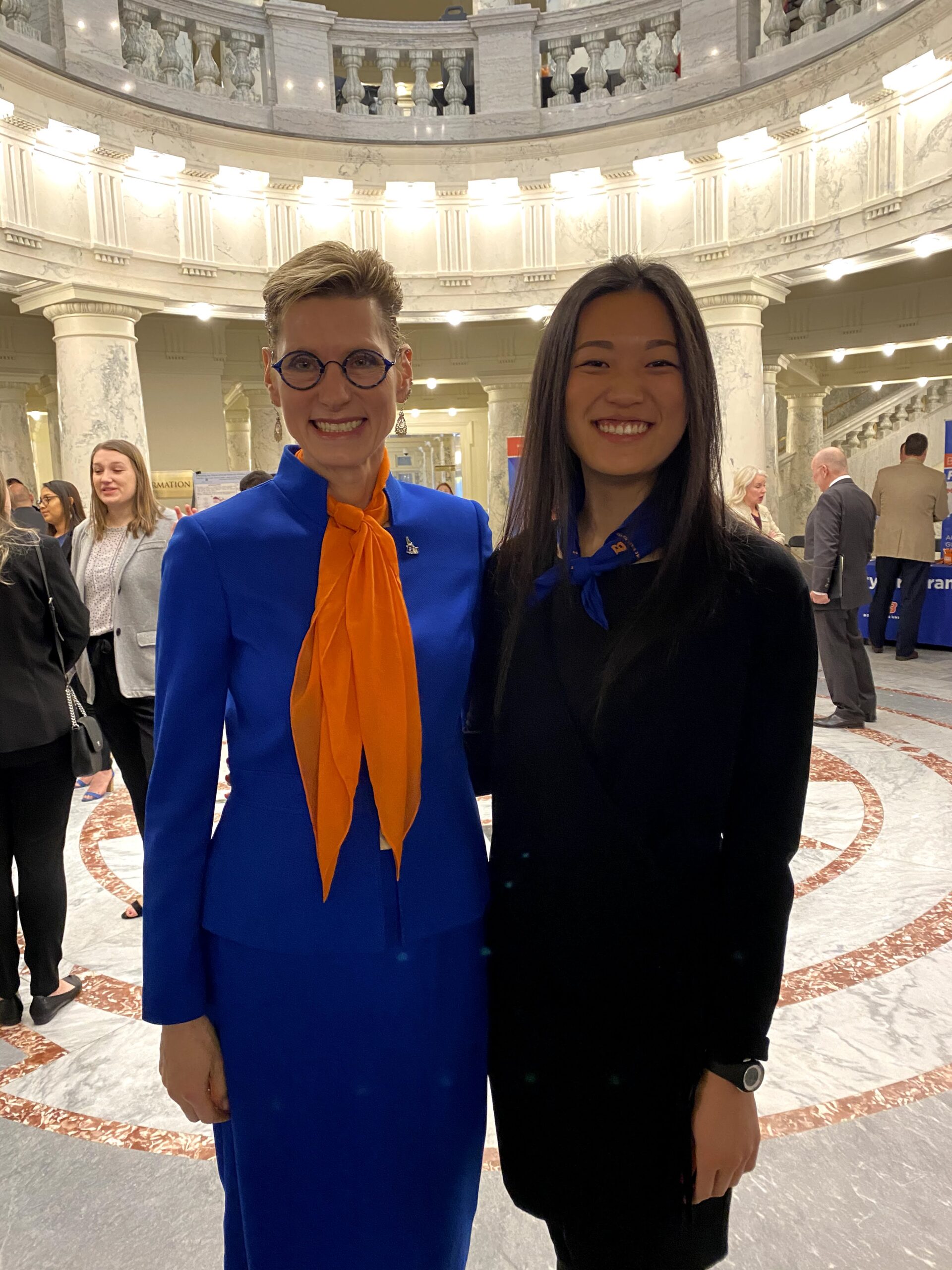 An image of Boise State President Marlene Tromp with Cheyon Sheen at the Idaho State Capitol