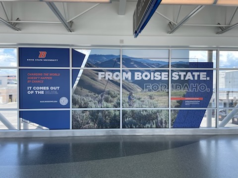 Boise State advertising on a window display