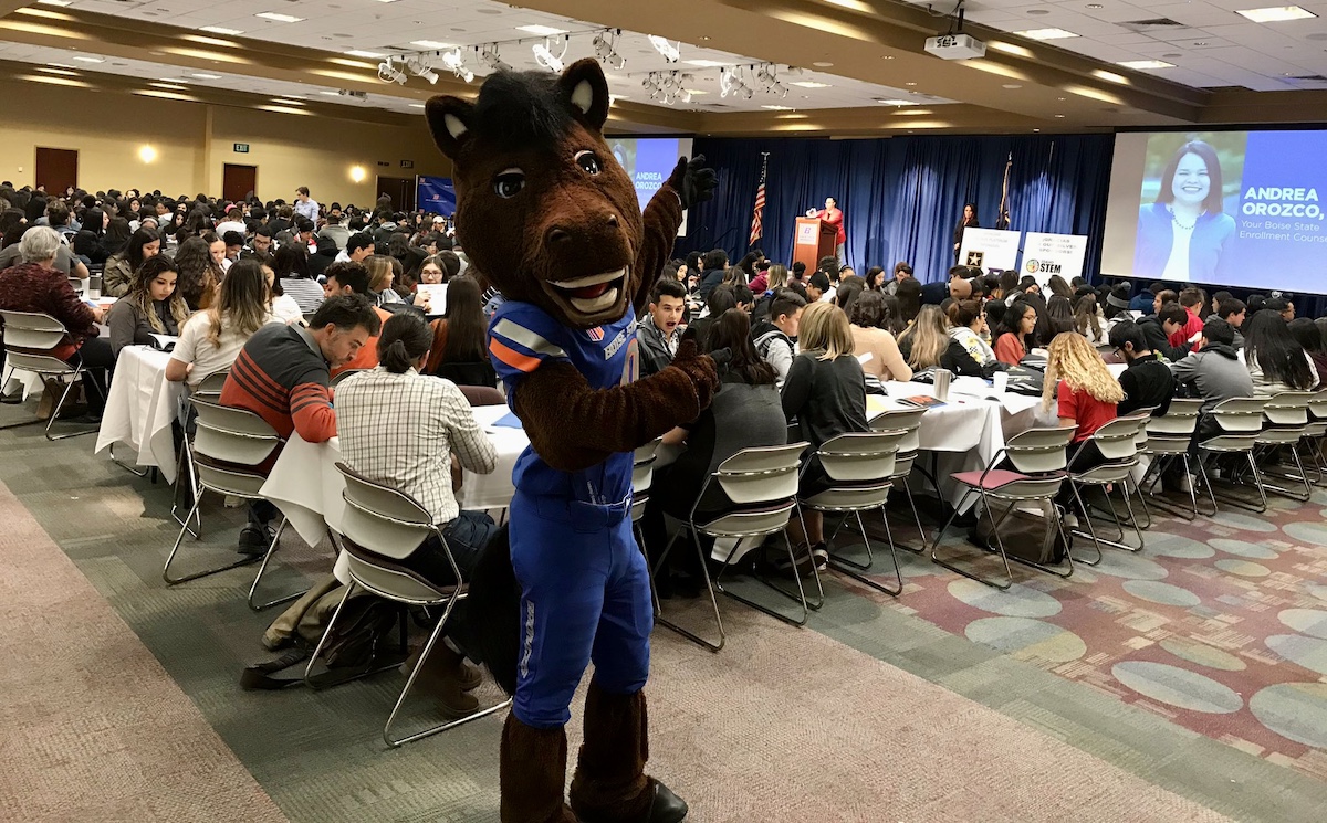 Buster Bronco mascot at a student event