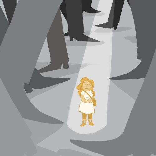 a graphic design art piece depicting a woman in yellow self-consciously standing in the middle of a landscape, surrounded by the black and gray feet of giants